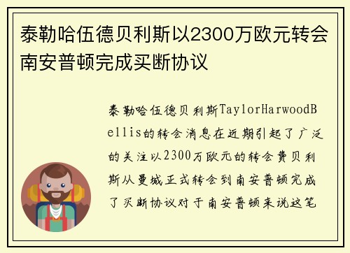 泰勒哈伍德贝利斯以2300万欧元转会南安普顿完成买断协议 泰勒哈伍德贝利斯以2300万欧元转会南安普顿完成买断协议
